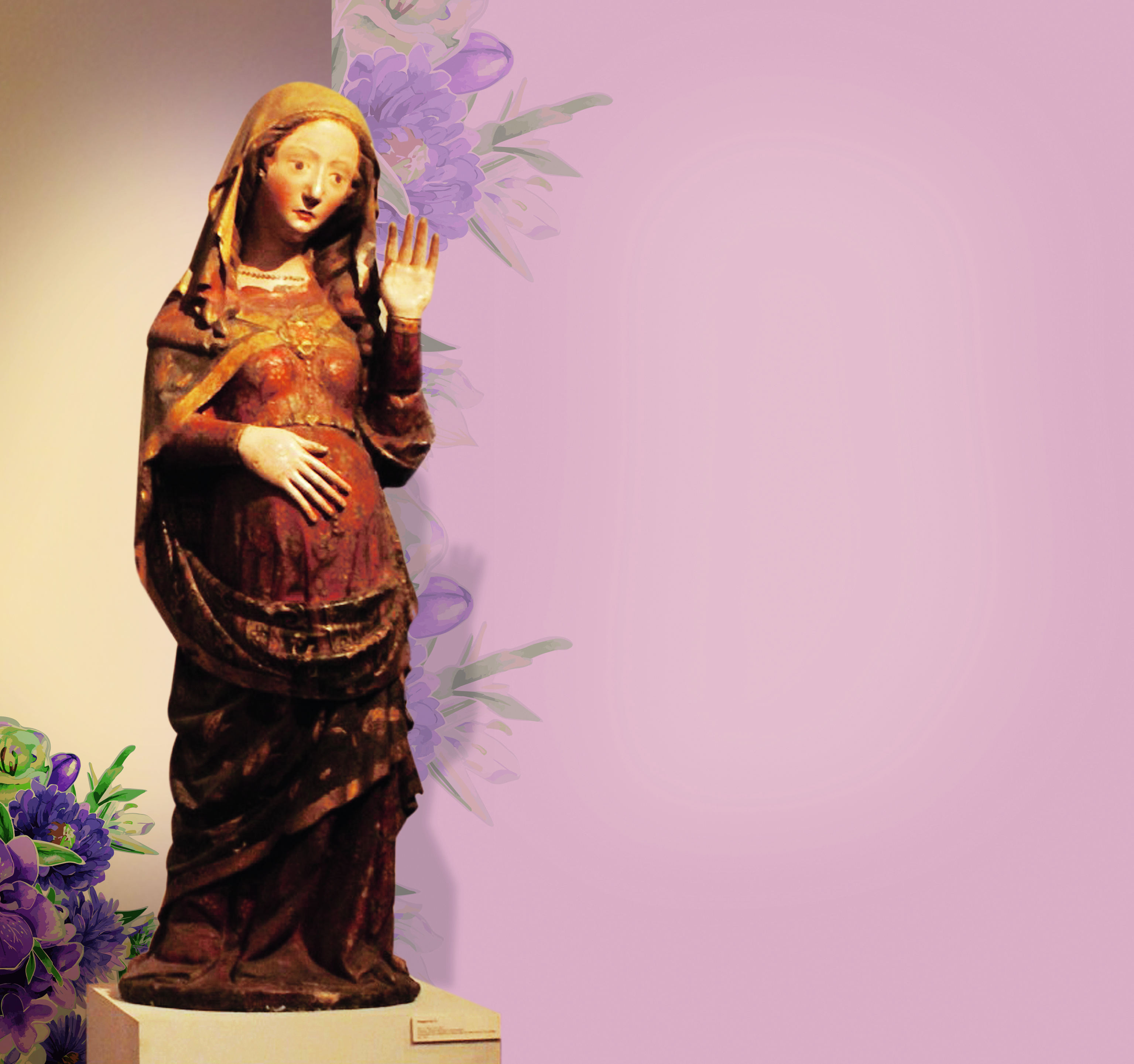 Na ilustração, trazemos Nossa Senhora do Ó ou da Expectação que indica a expectativa do parto na qual se encontrava a Virgem Maria. Nossa Senhora do Ó é uma devoção mariana surgida em Toledo, na Espanha, no século VII. Naquela época, a festa da Anunciação de Maria era celebrada no dia 18 de dezembro.